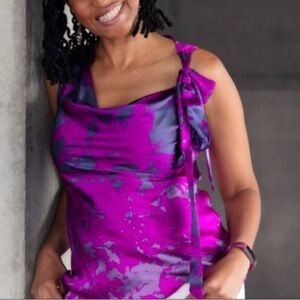 Cabi Purple Sleeveless Silk Wrap Blouse Womens XS Magenta Tie Dye Shoulder Tie